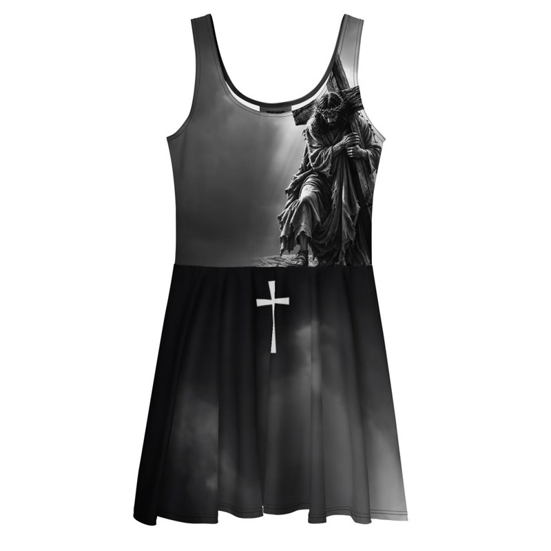 SAVED skater dress, black and white colorway — front