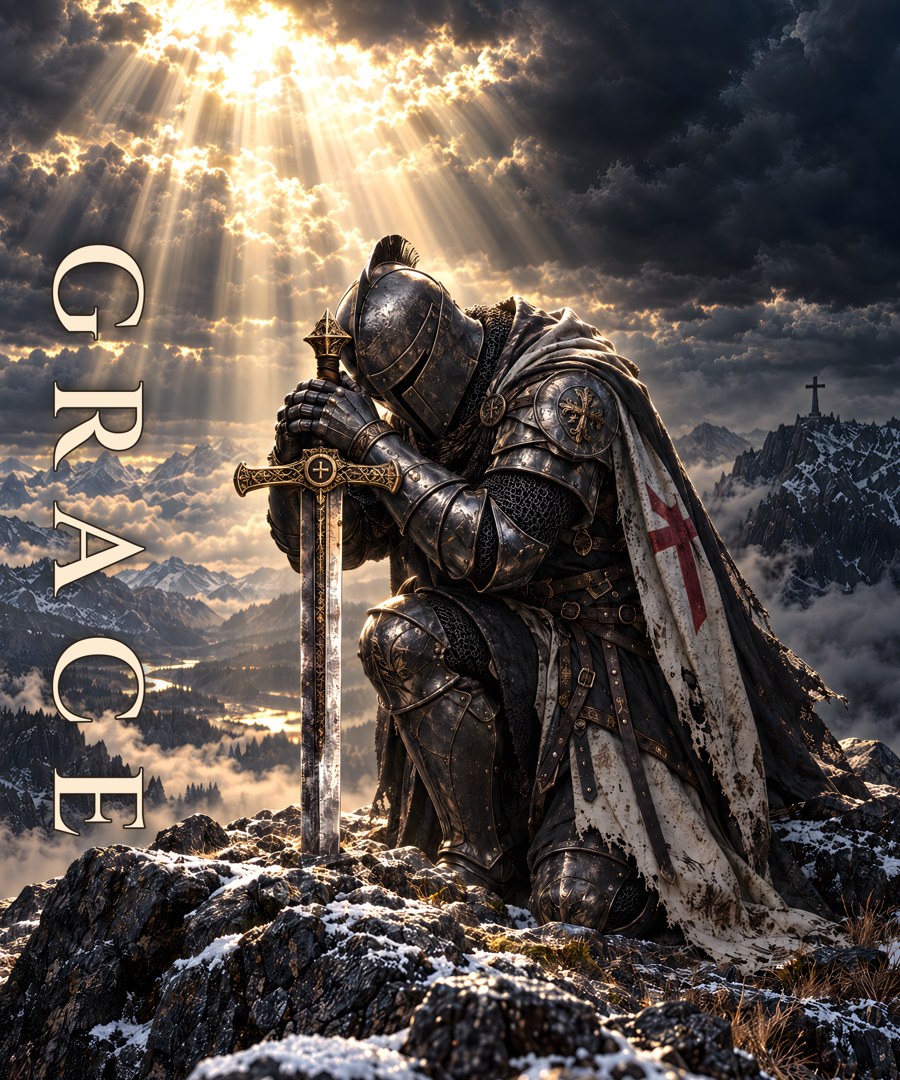 GRACE blanket art — the knight kneeling beneath the breaking light