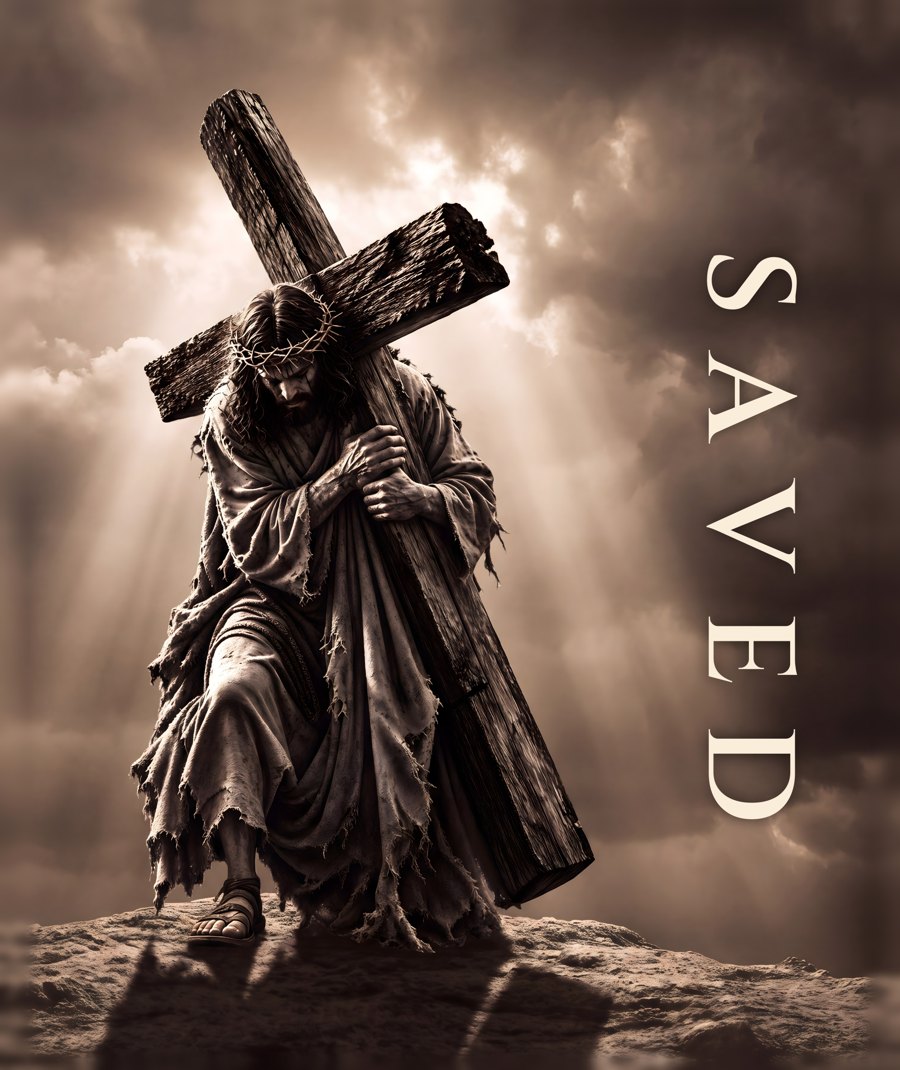 The SAVED print — Christ carrying the cross, SAVED down the side