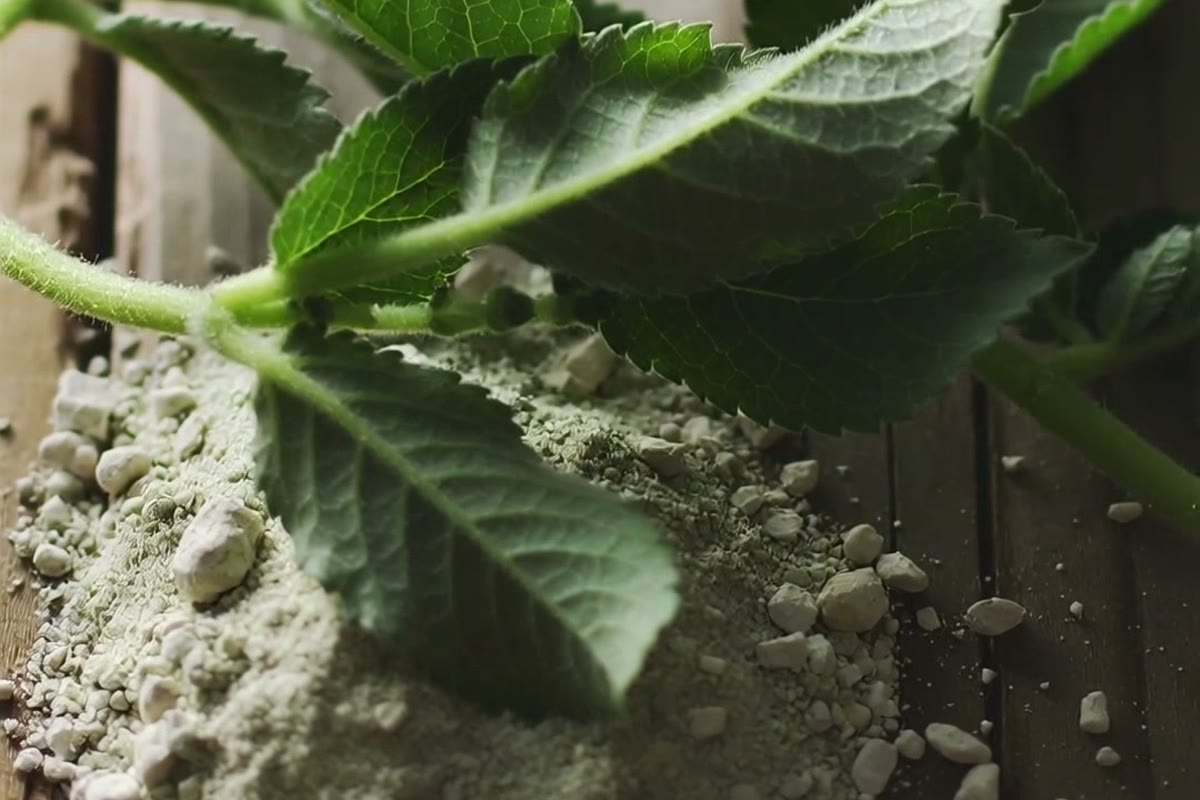 Fresh green leaves resting on a mound of green powder on rustic wood