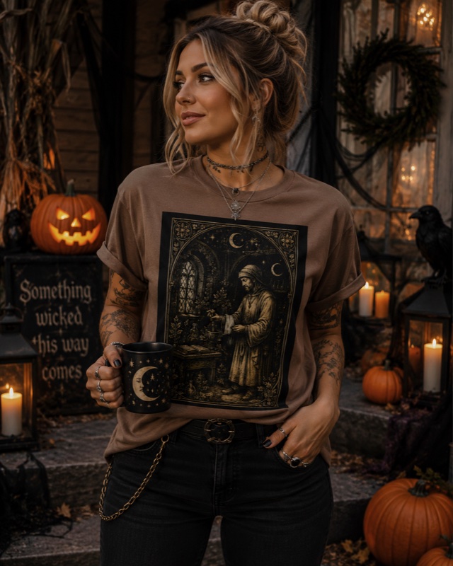 Medieval Botanist Tee — A scholar at his mortar by candlelight — the woodcut patron saint of every herbalist.