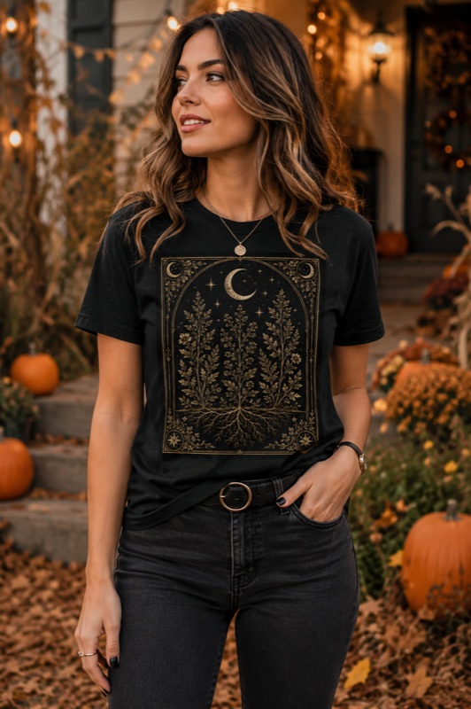 Night Harvest Tee — Herbs rooted deep under a crescent moon — grown in the dark, gathered by night.