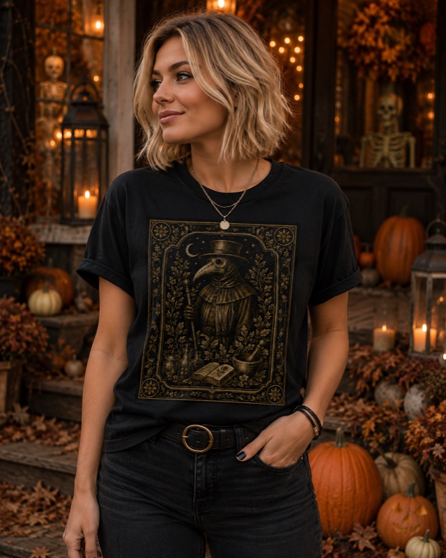 Plague Doctor Tee — The beaked doctor among his remedies — every remedy has a history.