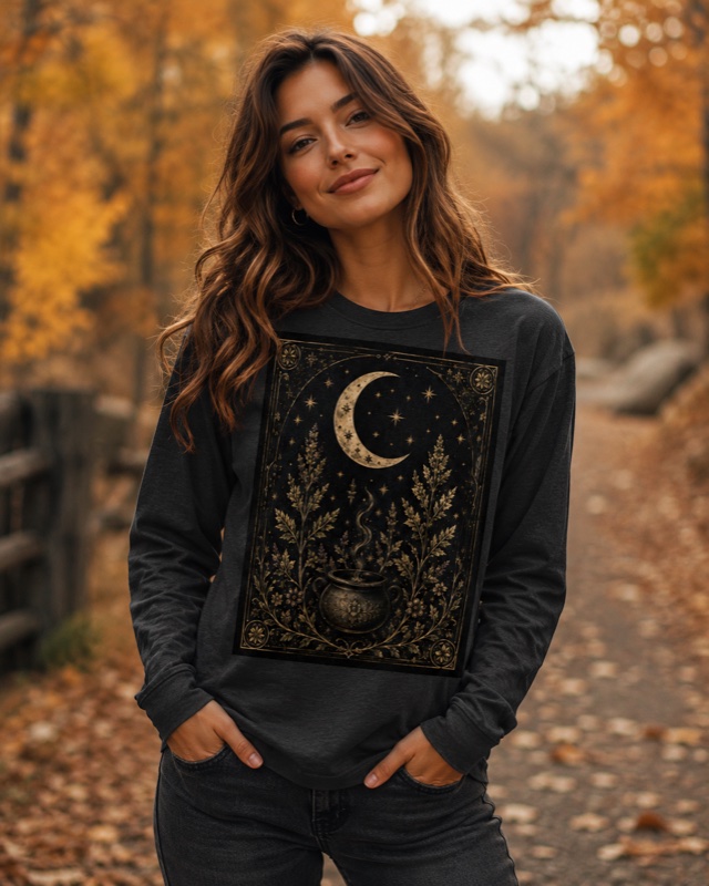 Witch's Garden Long Sleeve — A cauldron simmering under the crescent, framed like a card from an older deck.