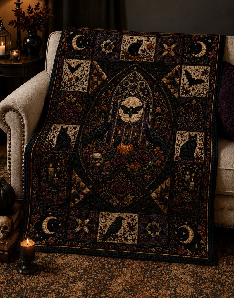 Night Apothecary Plush Throw — A gothic quilt rendered in cloth — a death's-head moth crowned by a stained-glass moon, ravens and black cats keeping watch, candles and blood-dark roses banked below. Woven for long autumn nights.