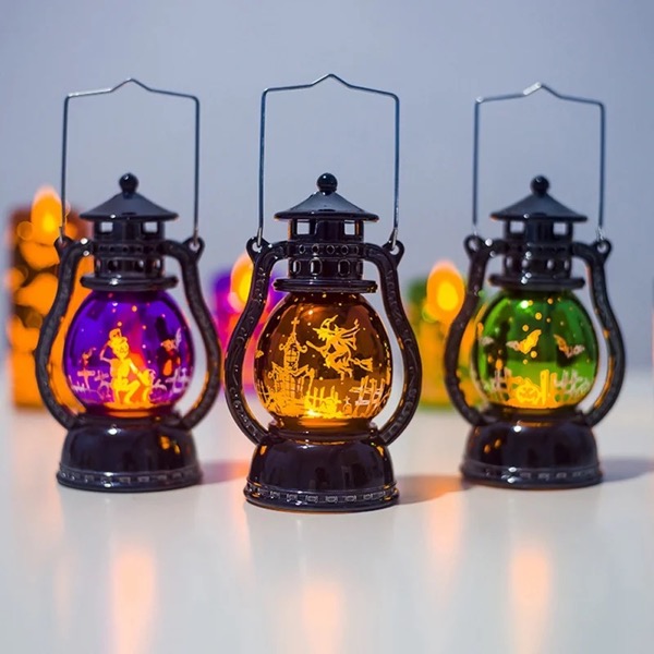 Retro Oil Lamp — A vintage-style lantern with a glowing scene inside — orange or purple. Battery-lit: all the charm, none of the flame.