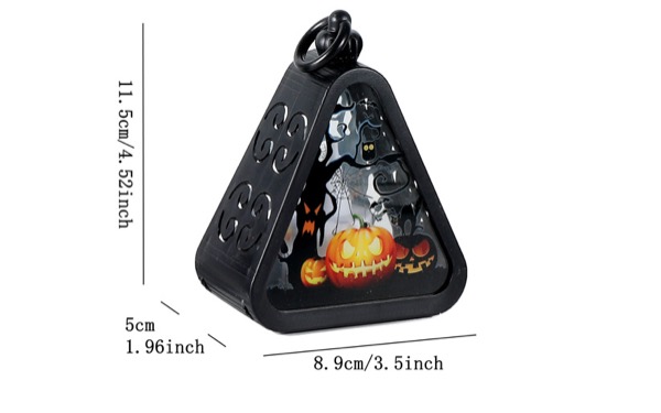 Pumpkin Lantern — A little lantern that glows from within, a lit Halloween scene behind cut-out windows — four scenes, sent assorted. Hang it in the window or set it on the sill.