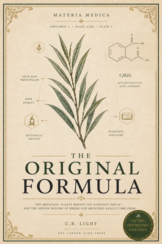 Book cover of The Original Formula by C.B. Light — a botanical plate of white willow beside the chemical structure of aspirin