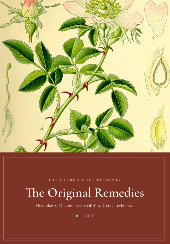 Book cover of The Original Remedies by C.B. Light — a botanical plate of rose hips above an oxblood panel with the subtitle Fifty Plants. Documented Tradition. Graded Evidence.